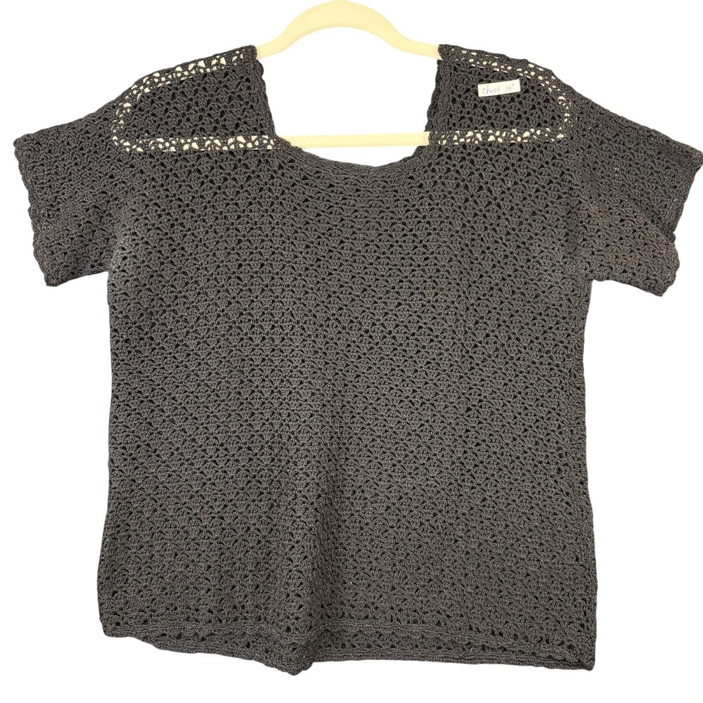 Handmade Womens‎ Black Crochet Knit Short Sleeve Top Square Neck Boho Open Weave